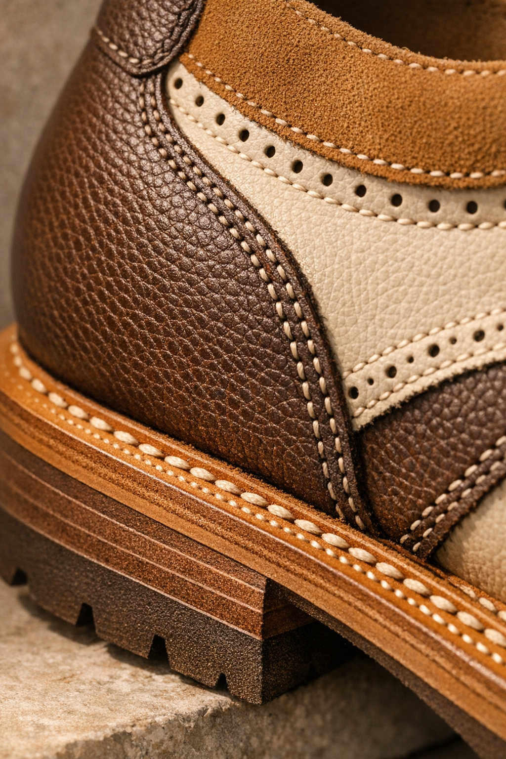 Close-up of premium leather grain, stitching, and crafted sole details