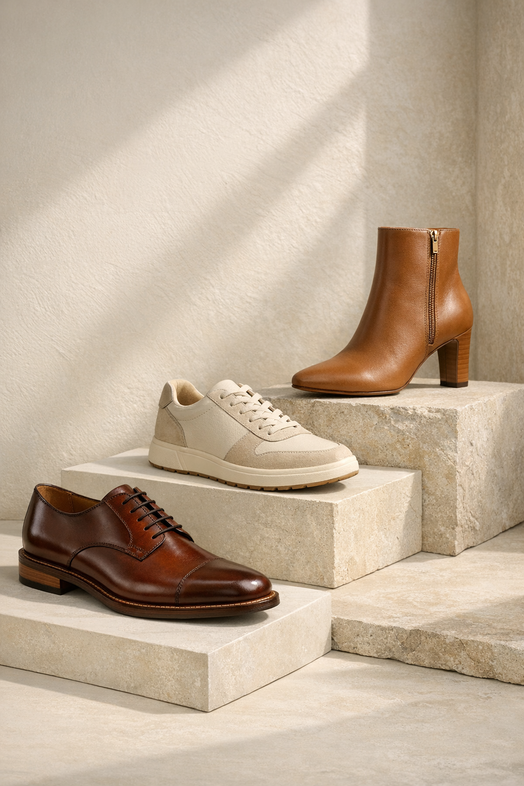 A curated lineup of premium footwear styles including a dress shoe, sneaker, and women's ankle boot