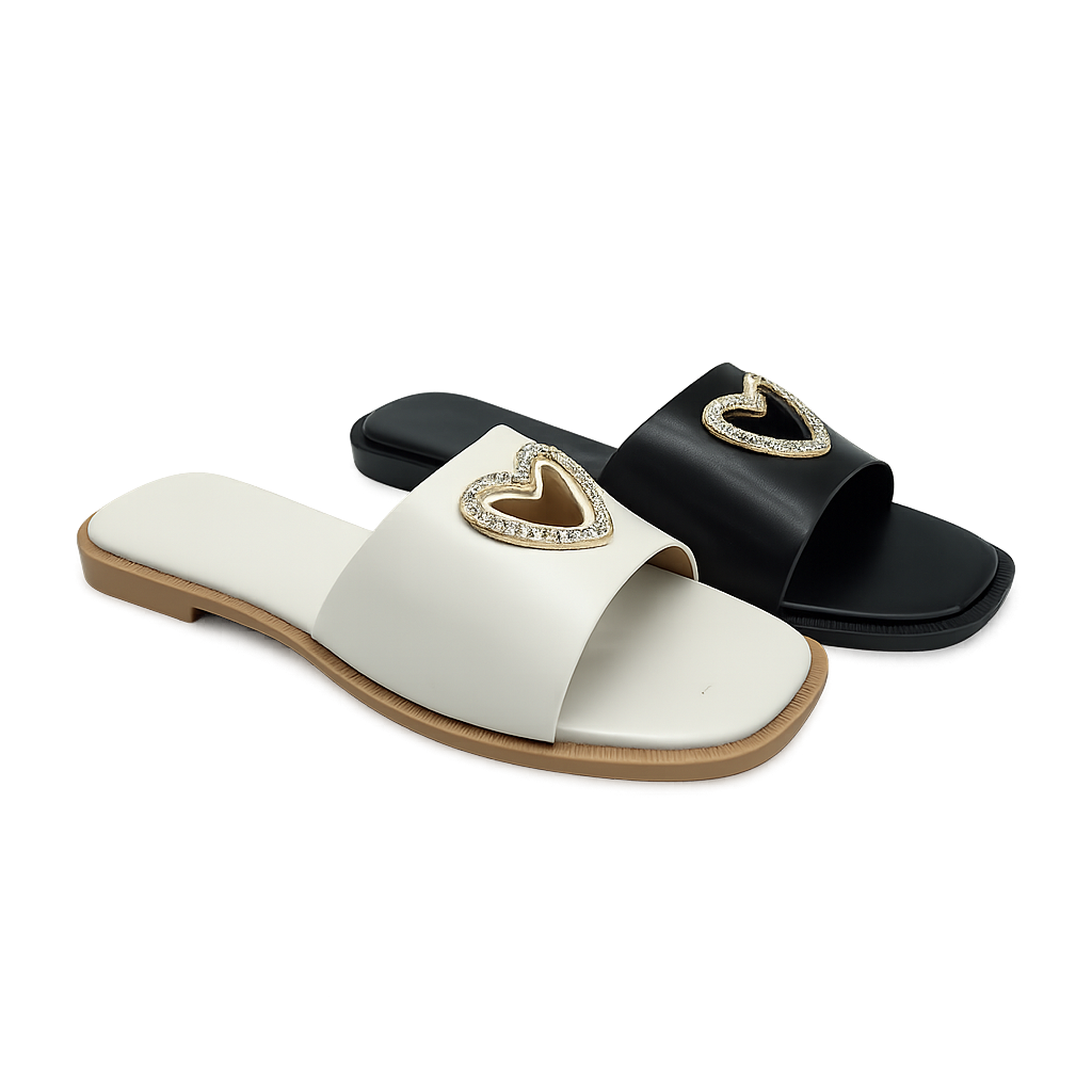 Black and ivory flat slides with crystal heart hardware