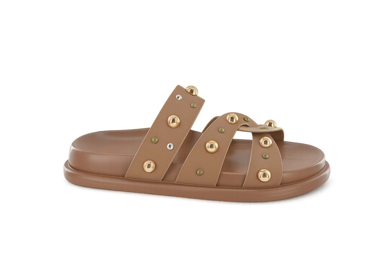 Tan comfort slide with mixed metallic stud details