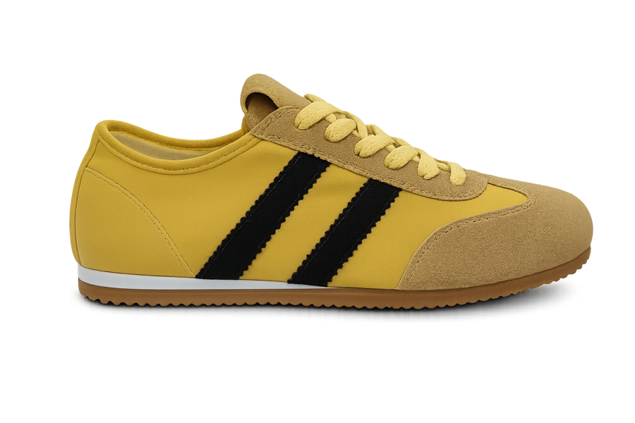 Yellow sneaker with black stripe branding