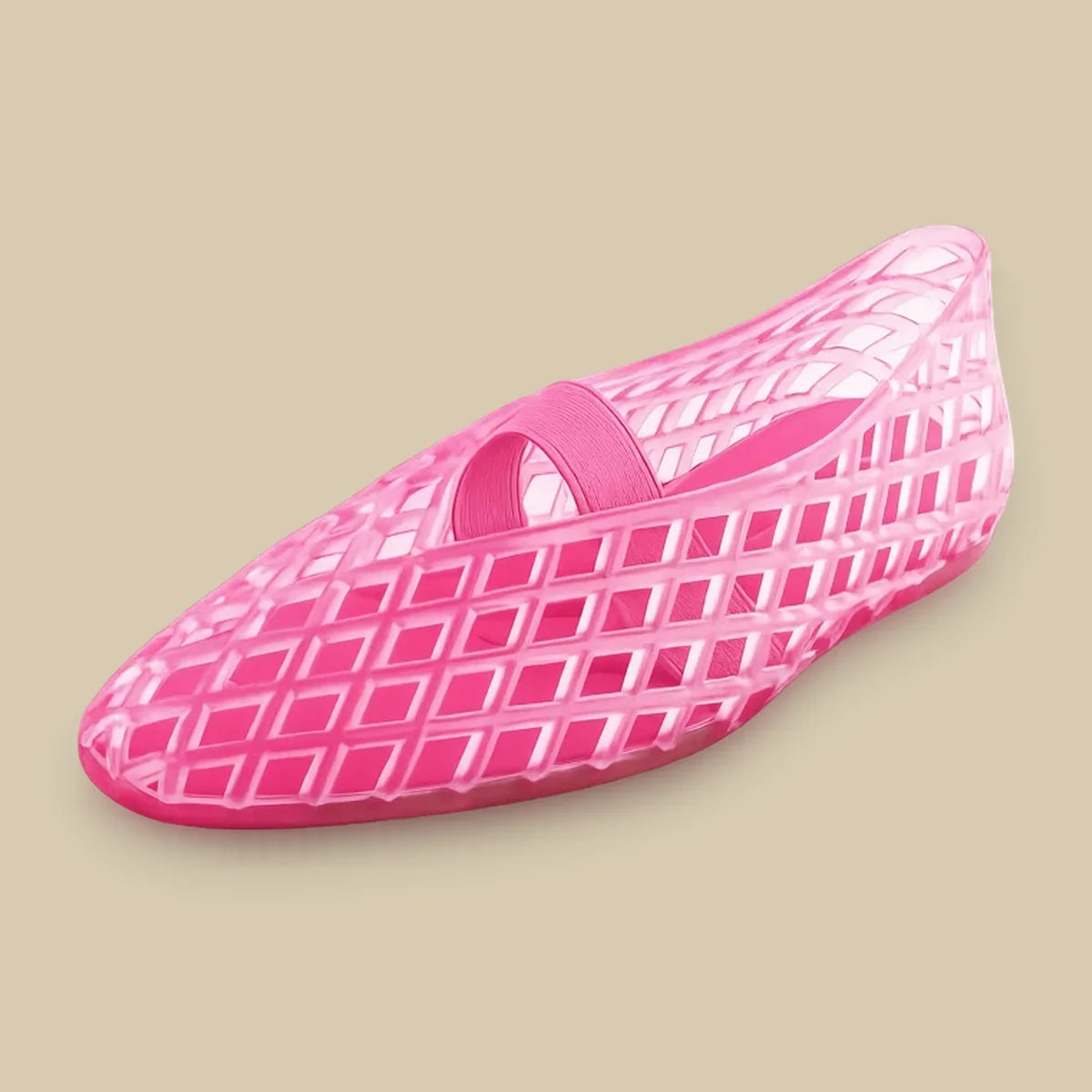 Pink woven jelly flat with an elastic strap, made by Manhattan Shoe Company