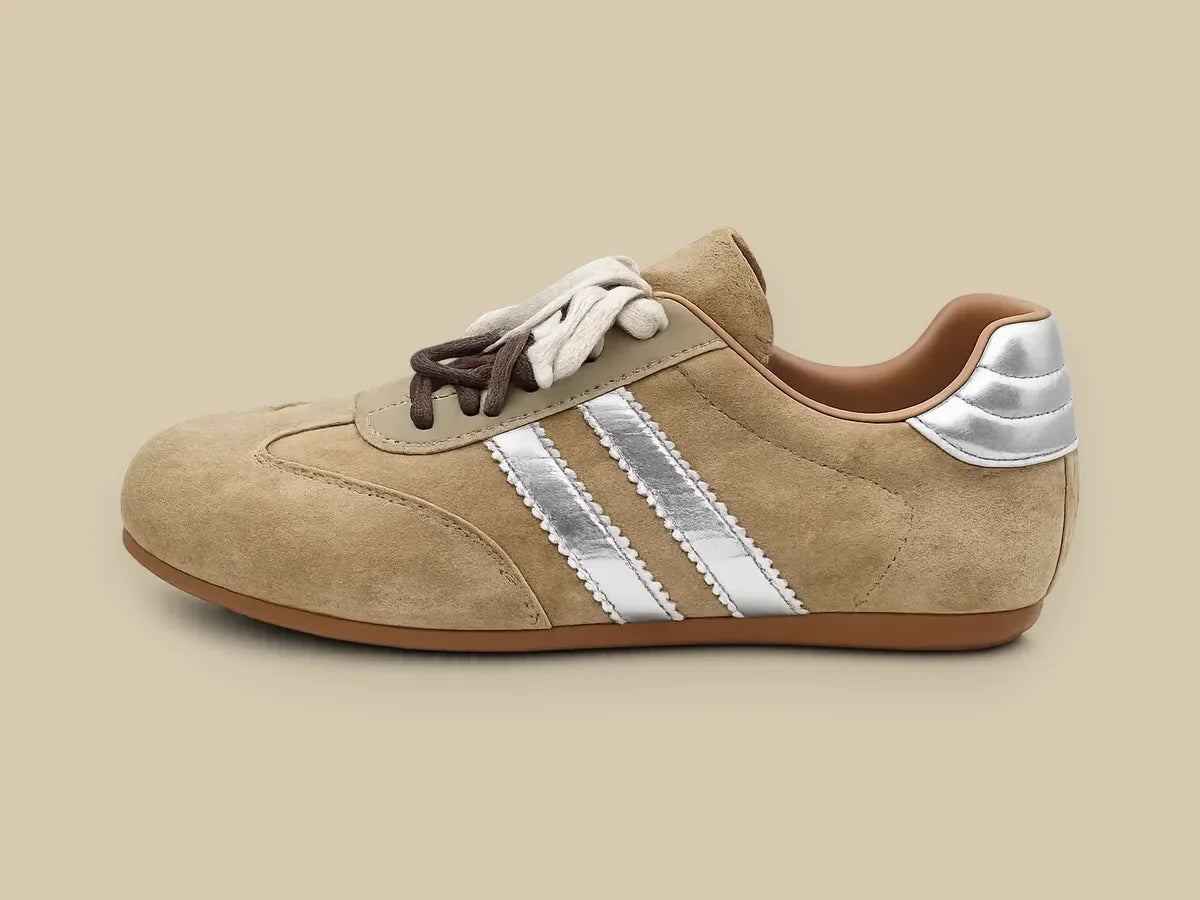 Sand suede sneaker with silver metallic stripes